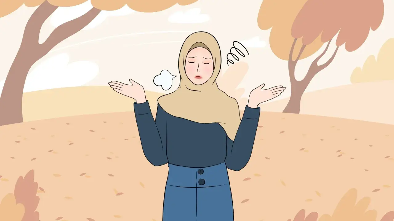 En kvinna i hijab med uppgivna armar och en suckande min, omgiven av höstlöv. Hon söker efter sätt att få bort ångest snabbt.