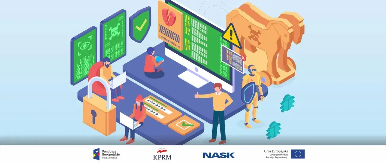 Ilustracja przedstawia walkę z **malware**. Ludzie i robot chronią dane przed zagrożeniami, symbolizowanymi przez konia trojańskiego i wirusy.