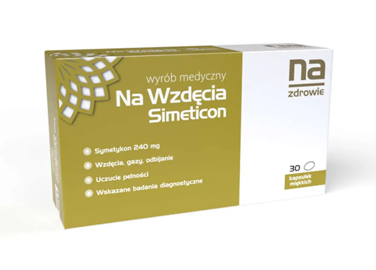 Opakowanie leku "Na Wzdęcia Simeticon" - najskuteczniejszy lek na wzdęcia, zawiera 30 kapsułek miękkich.
