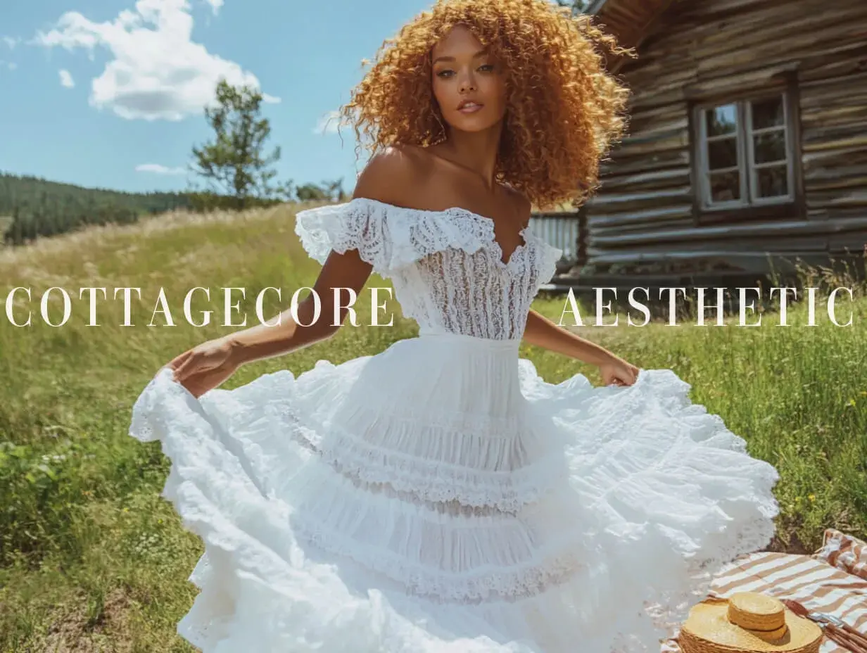 Mujer con vestido blanco voluminoso en un prado verde, con una cabaña de madera al fondo. Estética cottagecore.