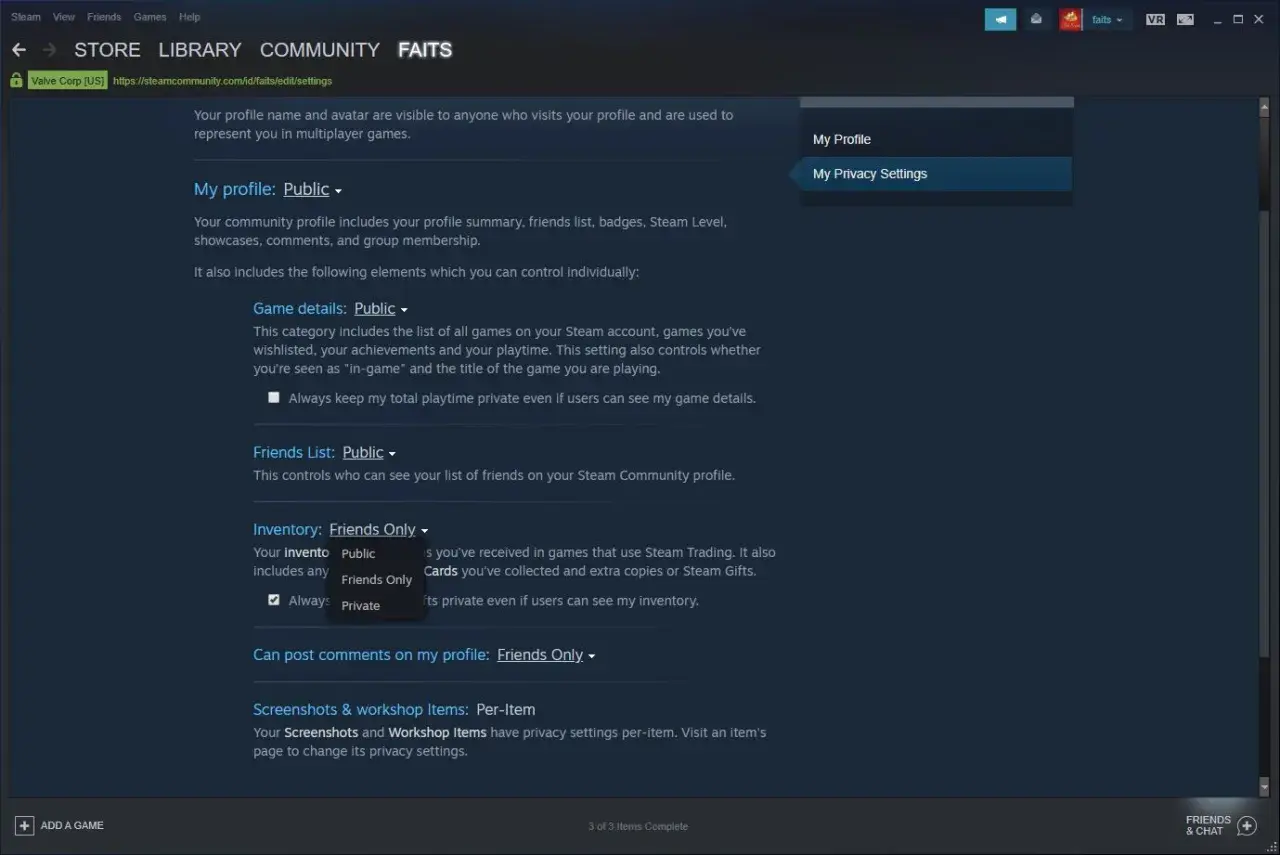 Ustawienia prywatności Steam, aby móc udostępnić swój trade URL na CSGO skins. Zmień widoczność ekwipunku na "Publiczny".