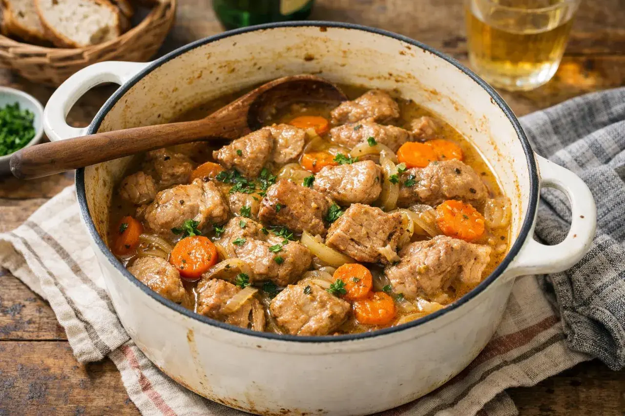 Un réconfortant sauté de porc mijoté avec des carottes et des oignons, garni de persil frais. Un plat parfait pour un repas convivial.