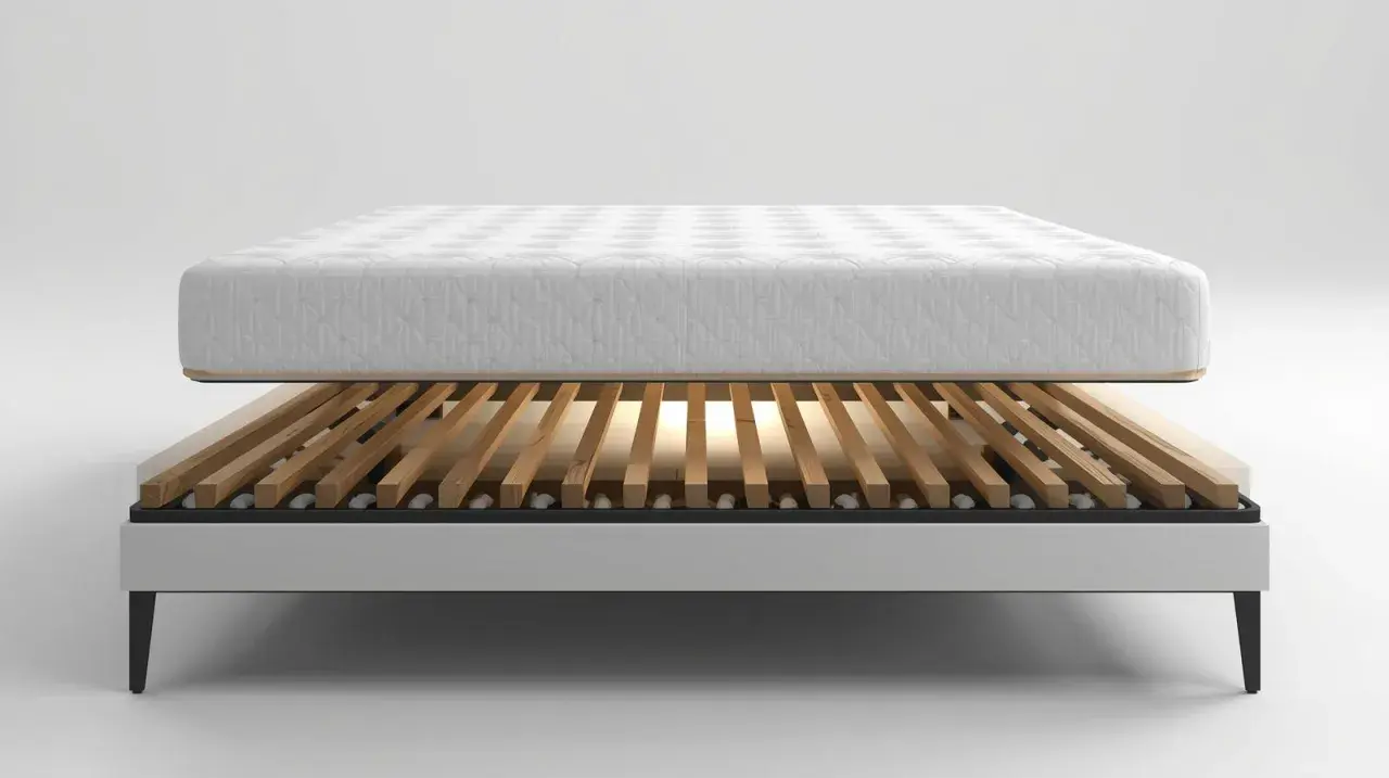A mattress rests on a slatted bed frame, showcasing the best wood for bed slats for optimal support and breathability.