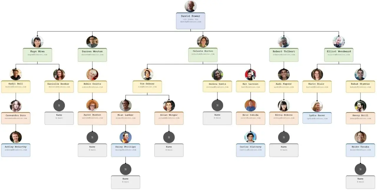 An organizational chart showing a flexible organizational structure with David Power at the top, leading to various teams and individuals.
