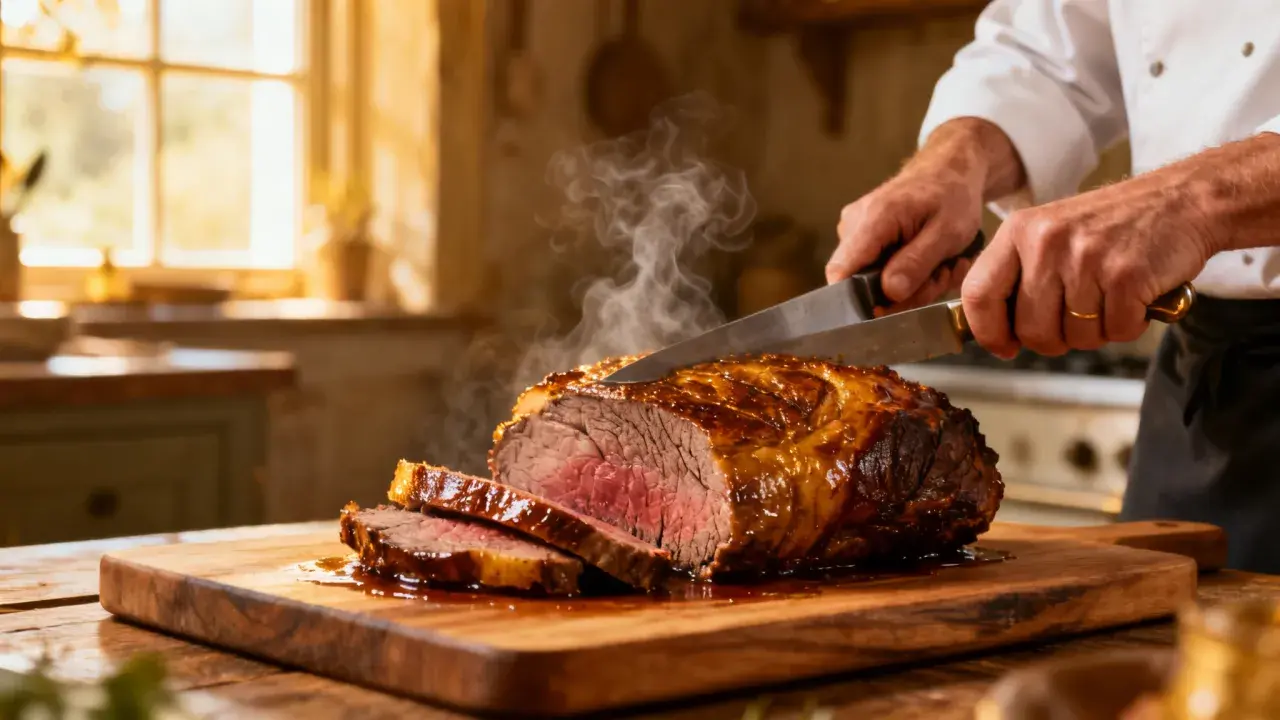 Un chef tranche un roti de boeuf juteux et fumant sur une planche en bois. La viande est rosée à cœur, avec une croûte dorée et appétissante.