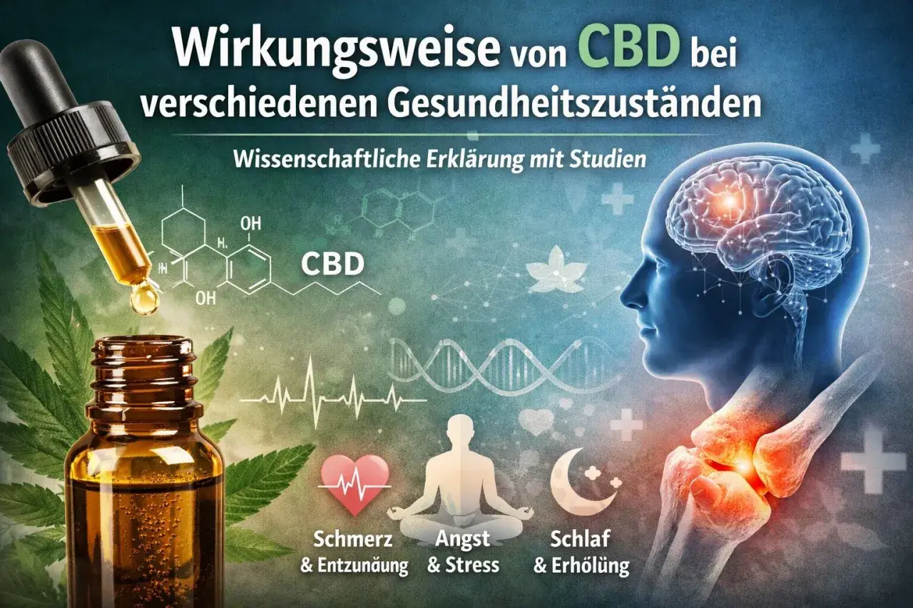 CBD-Öl-Flasche mit Pipette, Gehirn, Knochen und Symbolen für Schmerz, Angst und Schlaf. Die Grafik zeigt, dass CBD entzündungshemmend wirkt.