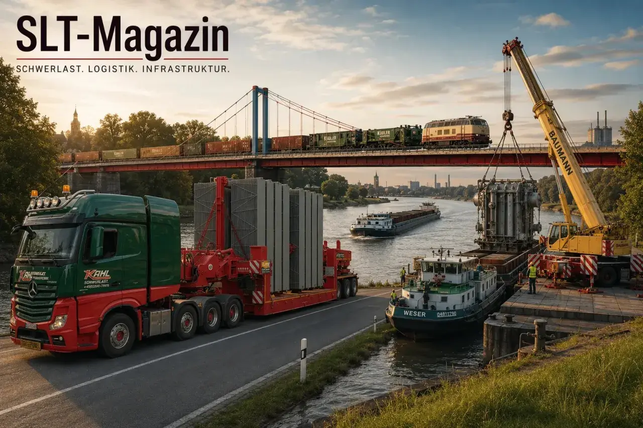 Ein gelber Kran hebt eine schwere Last von einem Schiff. Ein Zug fährt über eine Brücke, während ein LKW mit Spezialtransport am Ufer wartet. So wird schwere Last transportiert.