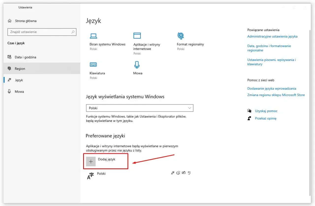 Ustawienia Windows 7 zmiana języka. Widok panelu "Język" z opcją dodania nowego języka.