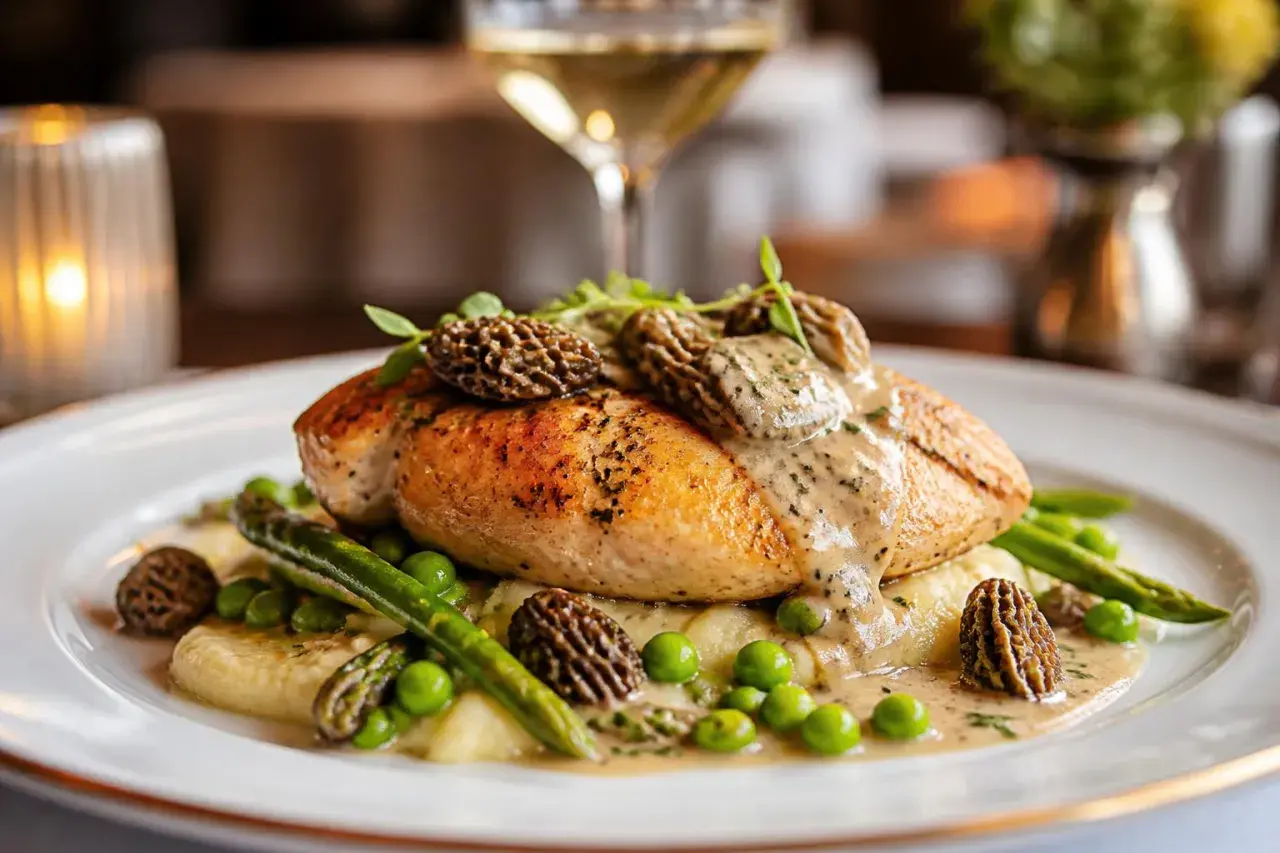 Un plat raffiné de ce type de volaille, garni de morilles, d'asperges et de purée.