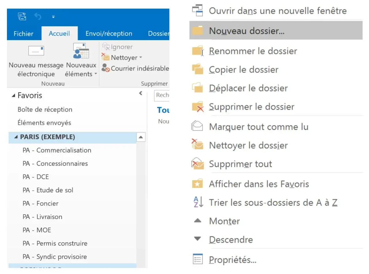 Interface d'un logiciel de messagerie montrant comment classer ses mails avec des dossiers et des options de gestion.