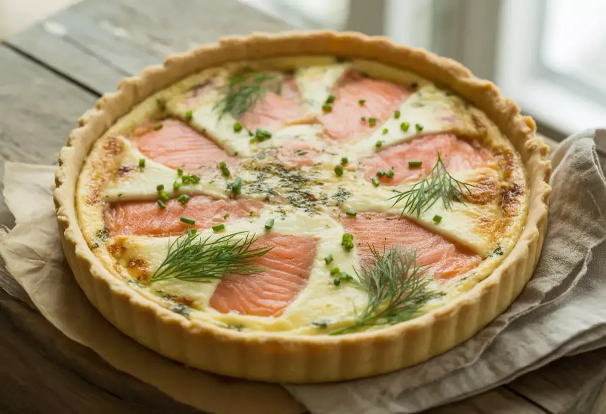 Une délicieuse quiche au saumon, garnie d'aneth frais et de ciboulette, prête à être dégustée.