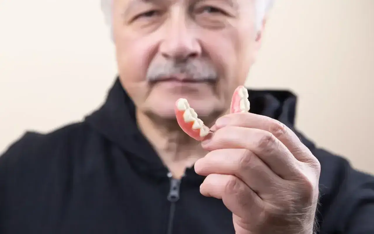 Starszy mężczyzna trzyma protezę. Dowiedz się, jak usunąć klej do protez z dziąseł, aby zapewnić komfort.