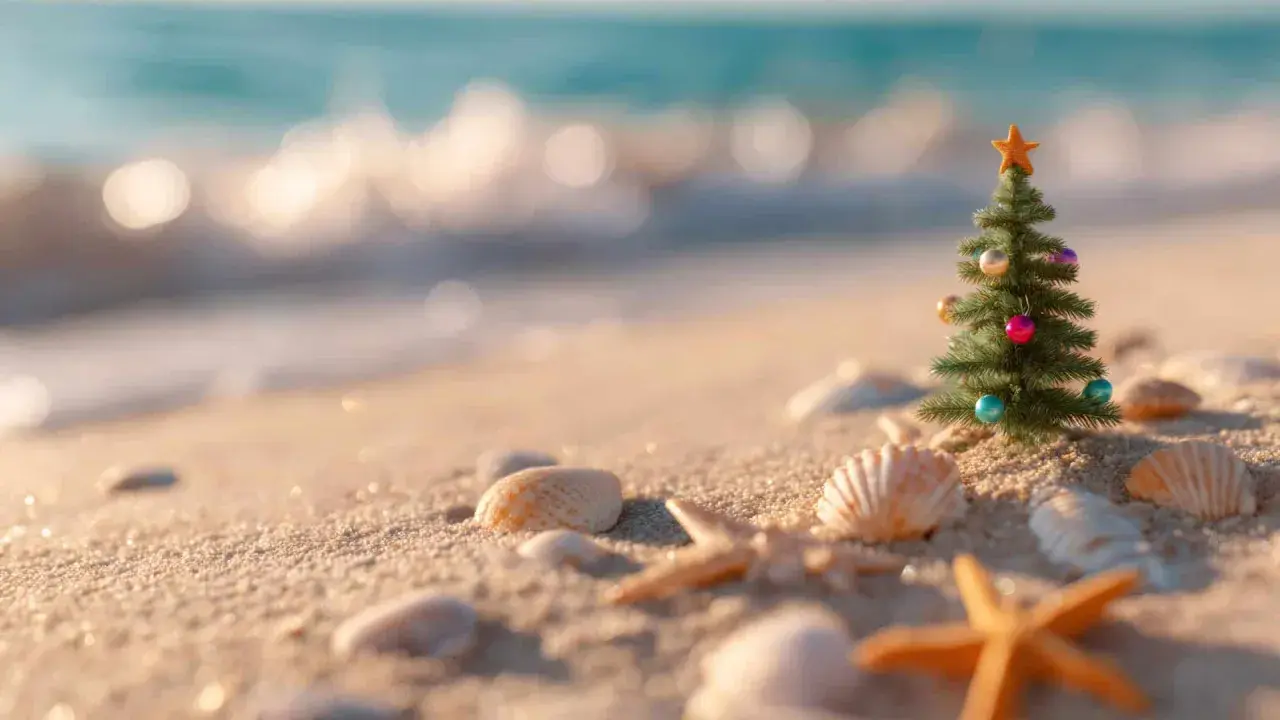 Ein kleiner Weihnachtsbaum mit bunten Kugeln und einem Stern steht am Strand. Perfekt für alle, die im Dezember Sonne statt Schnee suchen.