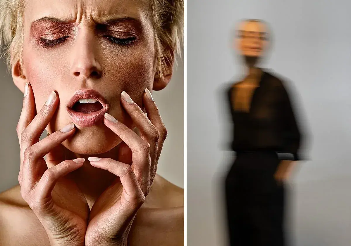 Dwie twarze: zbliżenie na usta i dłonie modelki, obok rozmyta postać. Podstawowe zasady fotografii portretowej.