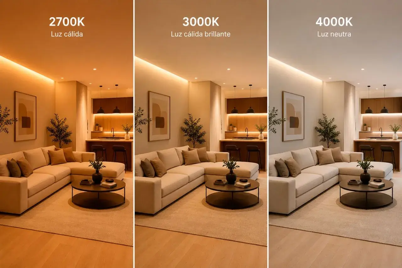 Tres ambientes de salón con diferente temperatura de luces: cálida, cálida brillante y neutra.