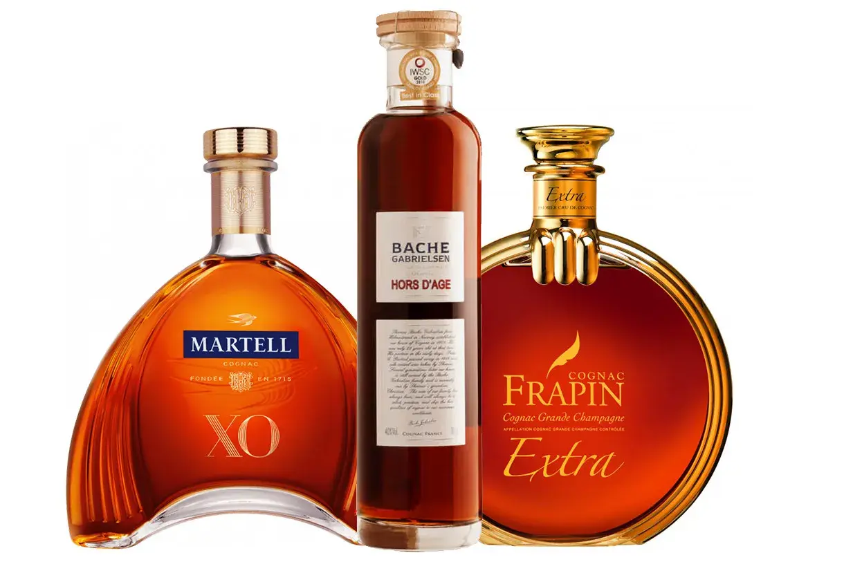 Trzy butelki wykwintnego trunku: Martell XO, Bache Gabrielsen Hors d'Age i Frapin Extra. Każdy z nich to dobry koniak, idealny na specjalne okazje.