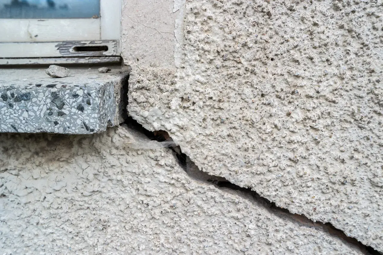 Ein großer Riss im Putz neben einem Fensterbrett. Die Rissverpressung Kosten sind hier ein wichtiges Thema für Hausbesitzer.