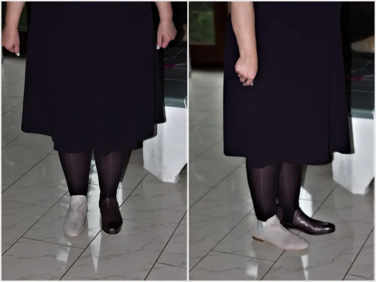 Welche Schuhe zum Kleid mit Strumpfhose? Hier werden graue und braune Stiefeletten zu einem dunklen Kleid und Strumpfhose gezeigt.