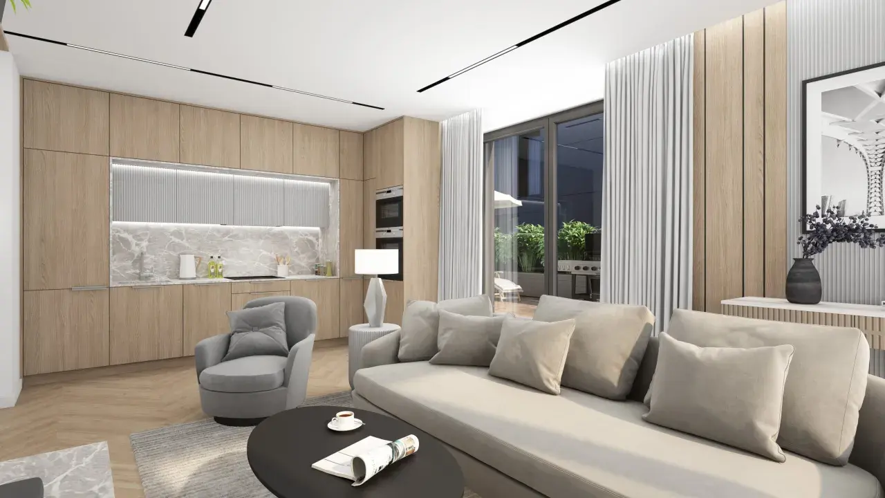 Nowoczesny salon z aneksem kuchennym, idealny dla pekabex development. Jasne drewno, szare tekstylia i duży balkon tworzą przytulną przestrzeń.