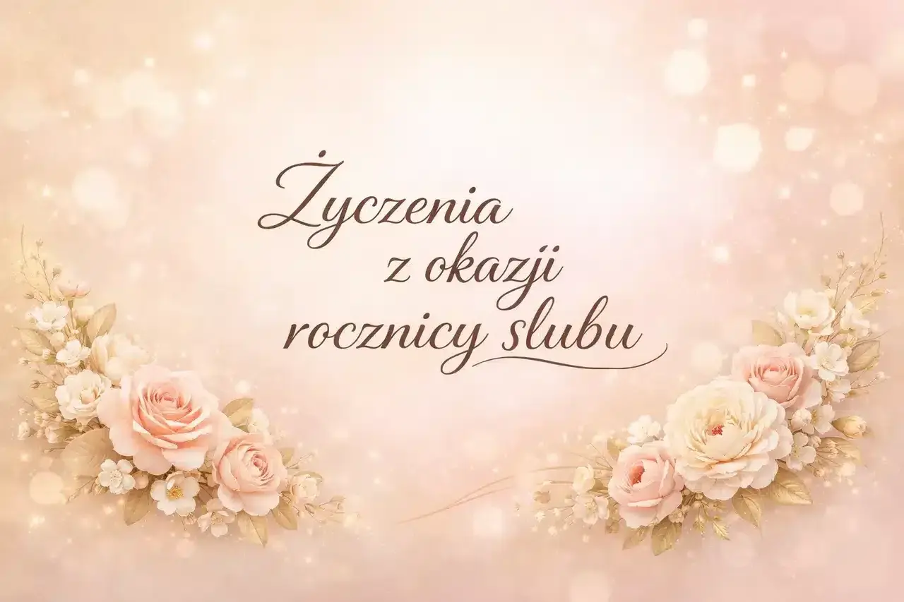 Eleganckie życzenia z okazji rocznicy ślubu, ozdobione pastelowymi różami i delikatnymi światłami.