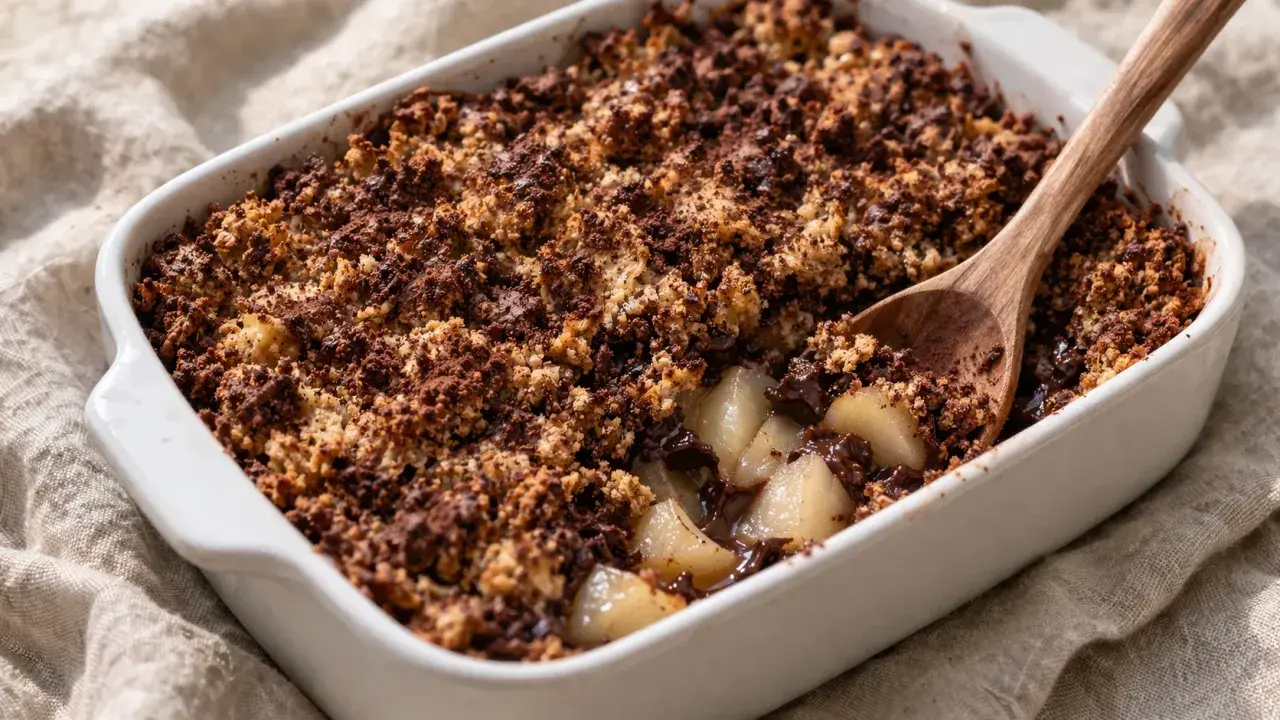 Un délicieux crumble poire chocolat, avec des morceaux de poires fondantes sous une croûte croustillante au cacao. Une cuillère en bois est plantée dans ce dessert gourmand.