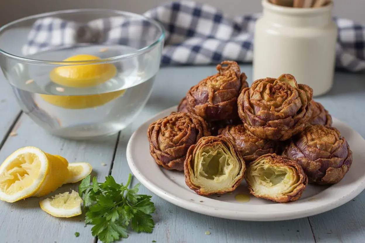 Artichauts frits dorés, un délice d'artichaut à la romaine, servis avec des citrons et du persil frais.