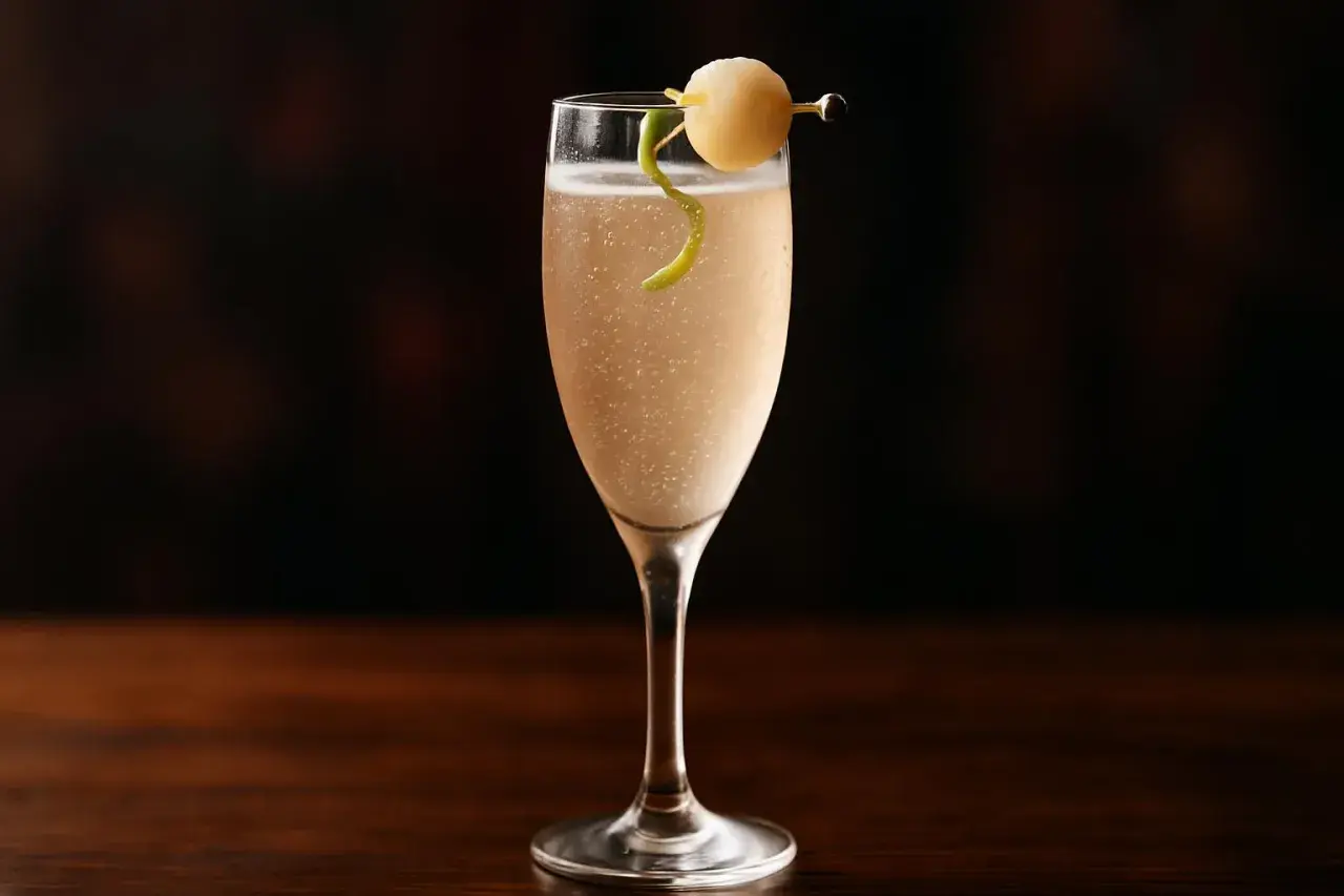 Ett elegant drink med bubbel, garnerat med en citronskalsslinga och en rund fruktbit på en cocktailpinne.