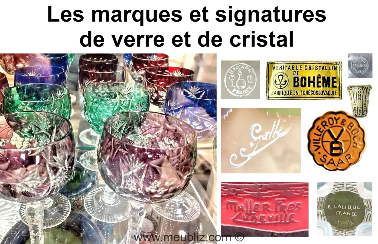 Verre et cristal colorés, avec des logos de marques comme Baccarat, Bohème, Villeroy & Boch, et une signature Daum.