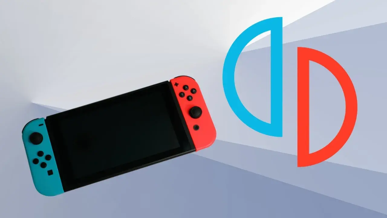 Konsola Nintendo Switch z niebieskim i czerwonym Joy-Conem obok symbolu podzielonego okręgu.