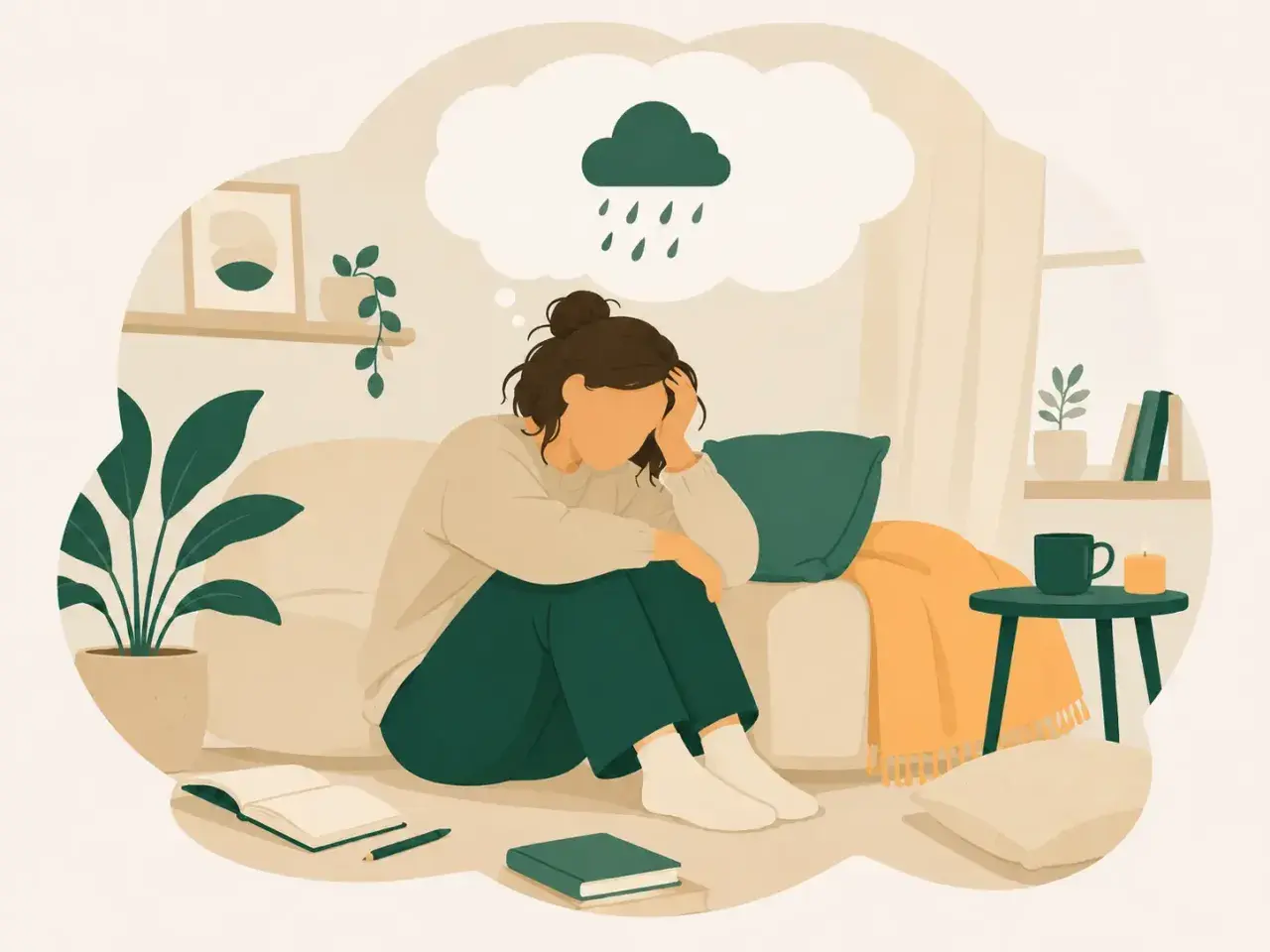 En person sitter hopkrupen, med en tankebubbla av regn ovanför. Känslor av barn depression och adhd kan vara tunga.