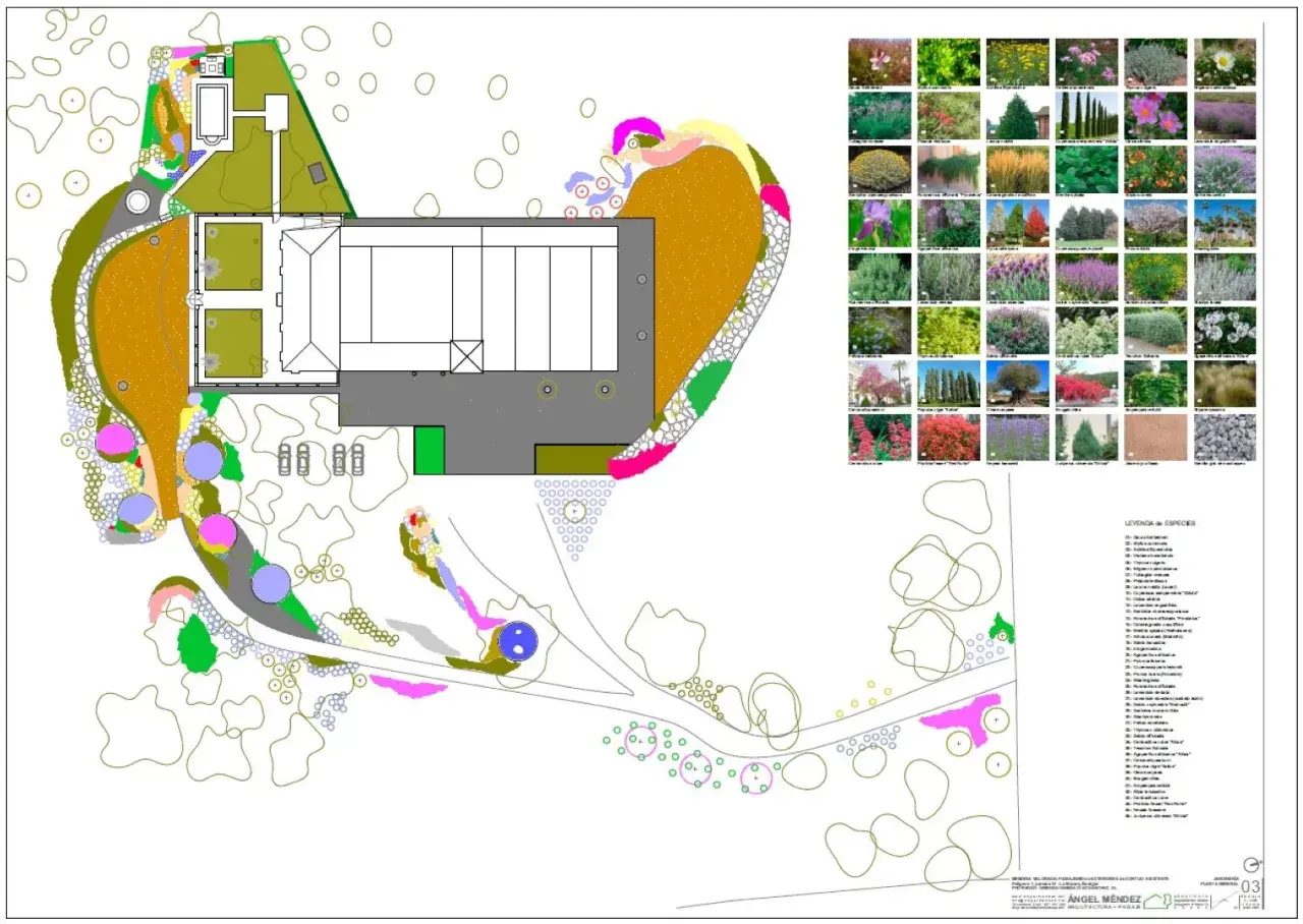 Planos de jardines detallados con diseño de paisajismo, distribución de plantas y elementos arquitectónicos. Incluye una leyenda de especies.