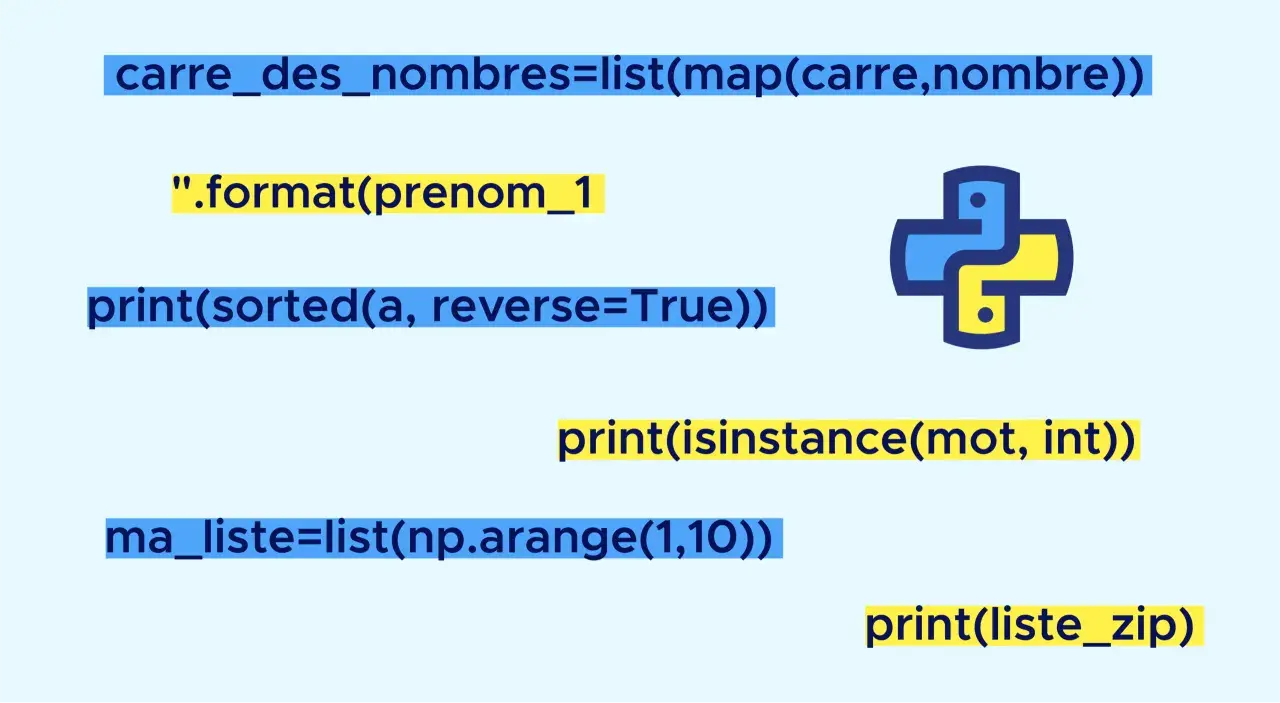 Code Python montrant l'utilisation de `map` pour créer une liste de carrés, trier une liste, et vérifier des types. Le logo Python est présent.