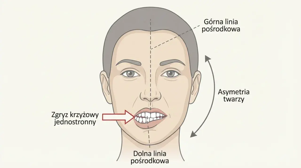 Ilustracja twarzy z zaznaczoną asymetrią i zgryzem krzyżowym jednostronnym. Widoczna jest nierówność dolnej części twarzy, wskazująca na problem z żuchwą.