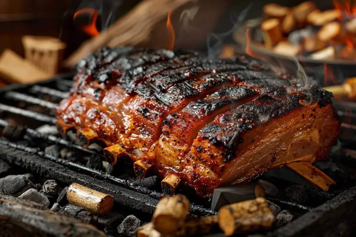 Un morceau de viande savoureux sur un gril, avec des braises et des flammes. Le fumage à chaud lui donne une croûte caramélisée et appétissante.