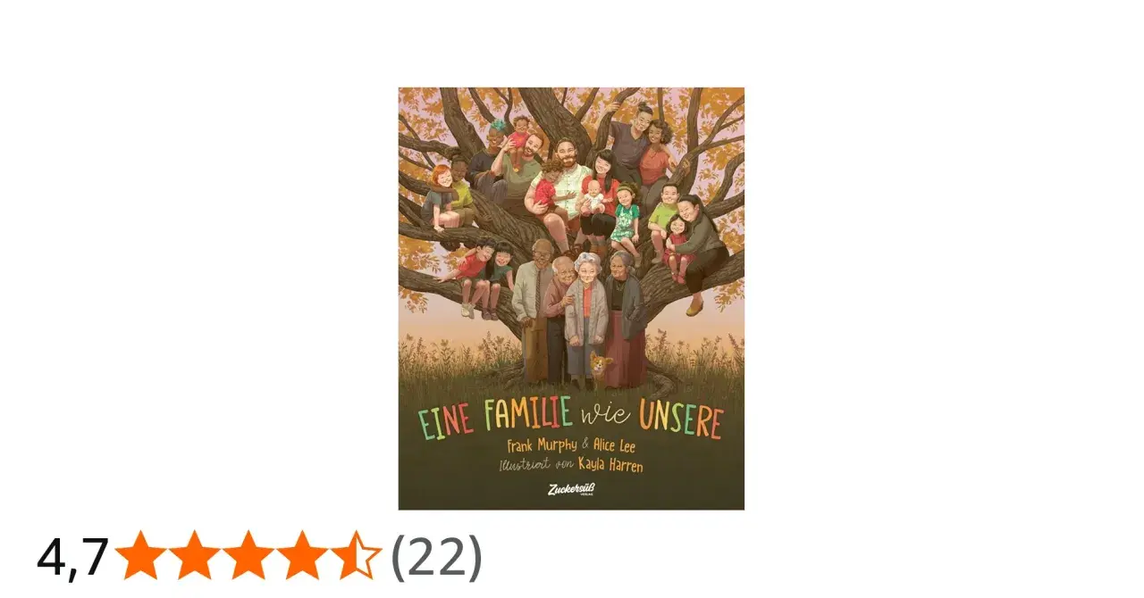 Eine bunte, vielfältige Gruppe von Menschen, von Großeltern bis zu Babys, sitzt und steht auf den Ästen eines großen Baumes. Sie repräsentieren eine Familie wie unsere.