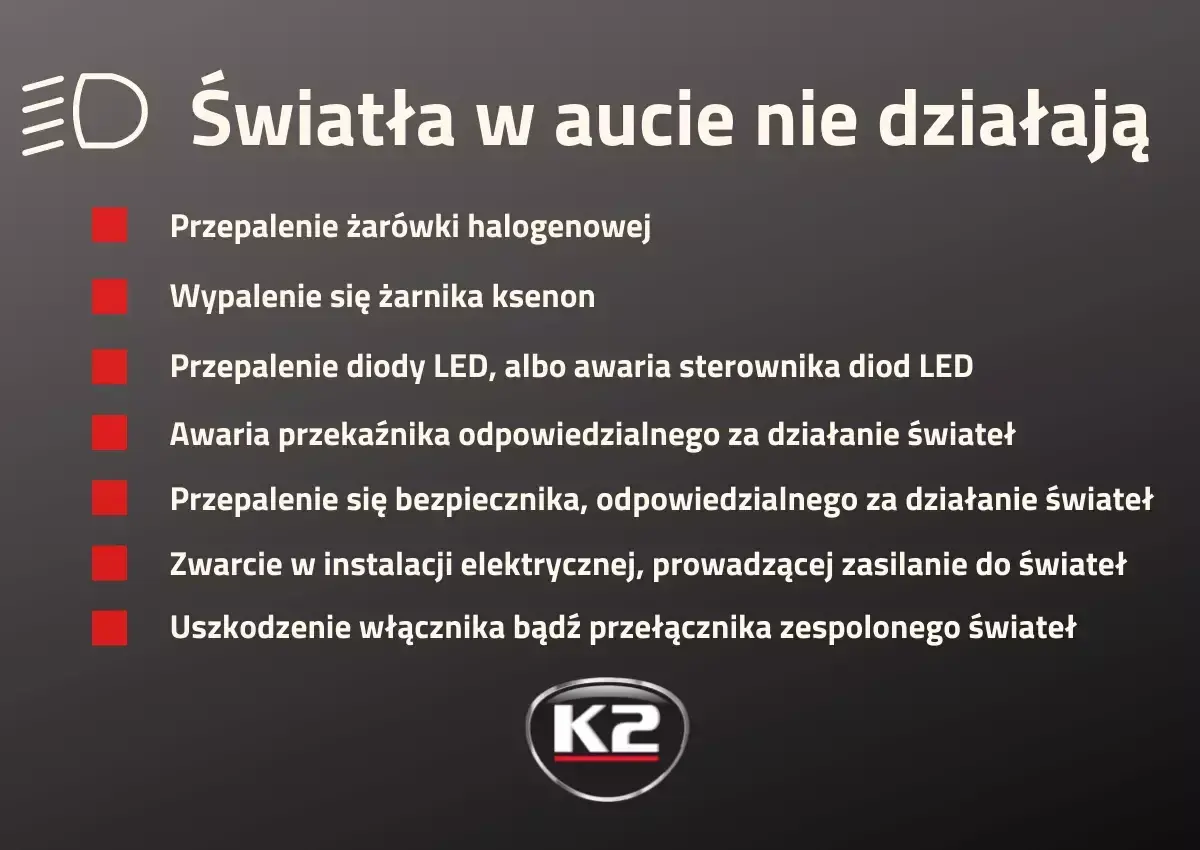 Lista przyczyn niedziałających świateł w aucie: przepalone diody LED, awaria sterownika, bezpiecznika, przekaźnika, żarówki, zwarcie instalacji lub uszkodzenie włącznika.