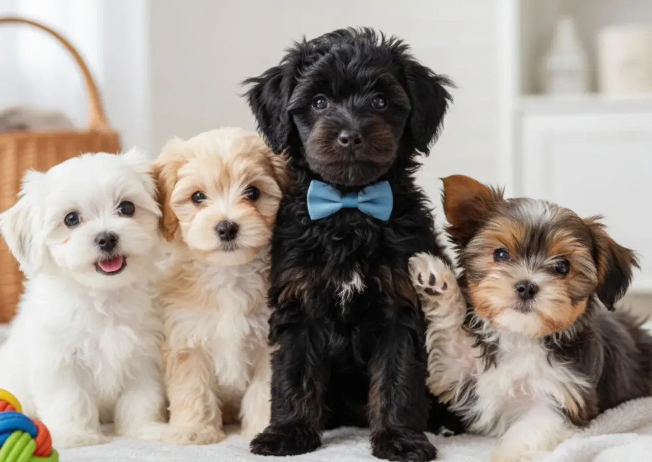 Cuatro cachorros adorables, ejemplos de razas de perros pequeños y cariñosos, posan juntos. Uno lleva un pajarita azul.