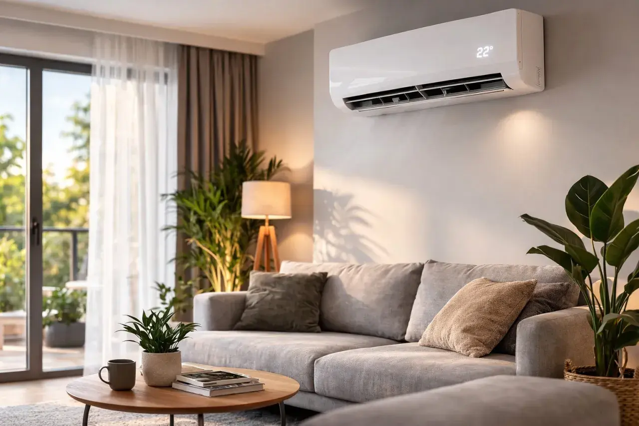 Nowoczesny salon z klimatyzatorem na ścianie, sofą i roślinami.