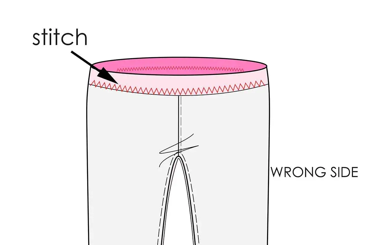 Illustration showing the wrong side of a garment with a pink casing and red zigzag stitch, indicating a step in casing sewing.
