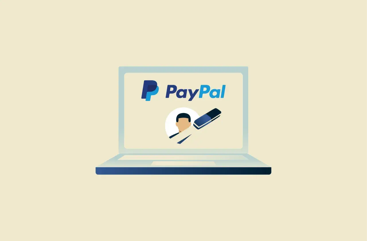 Ilustracja przedstawia laptop z logo PayPal. Obok ikony użytkownika widać gumkę do mazania, symbolizującą szybki przelew z PayPal na konto bankowe.