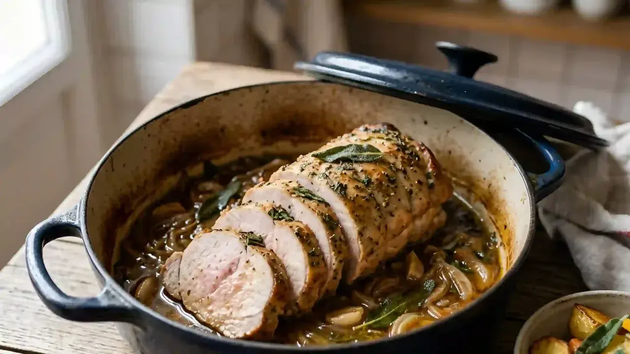Un délicieux roti de porc cocotte, tranché et baignant dans une sauce savoureuse aux herbes et oignons.