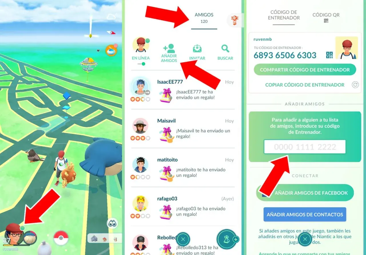 Gra Pokémon Go: ekran z listą znajomych, kodem trenera i mapą. Widoczni gracze i ikony prezentów od znajomych.