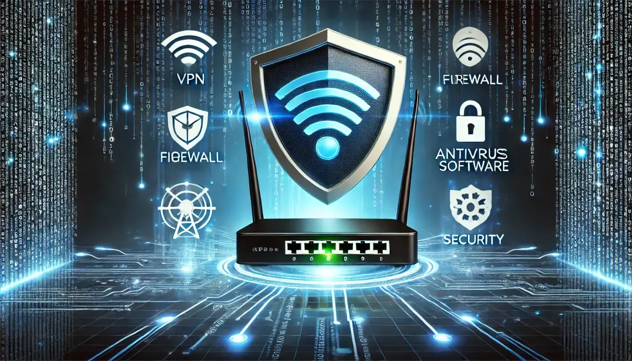 Router z tarczą Wi-Fi i ikonami bezpieczeństwa: VPN, Firewall, Antywirus, Security. Cyfrowy świat i kod w tle.