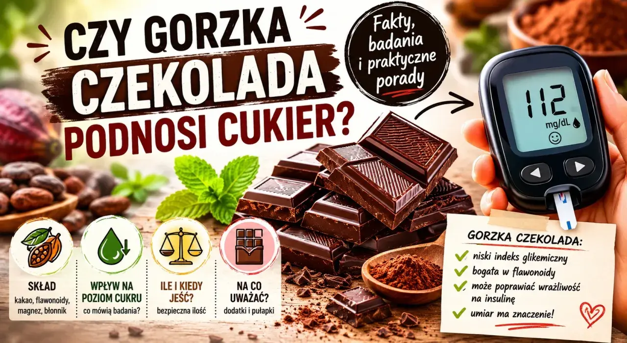 Czy gorzka czekolada jest zdrowa? Obraz przedstawia stos gorzkiej czekolady, kakao, glukometr i listę korzyści zdrowotnych.