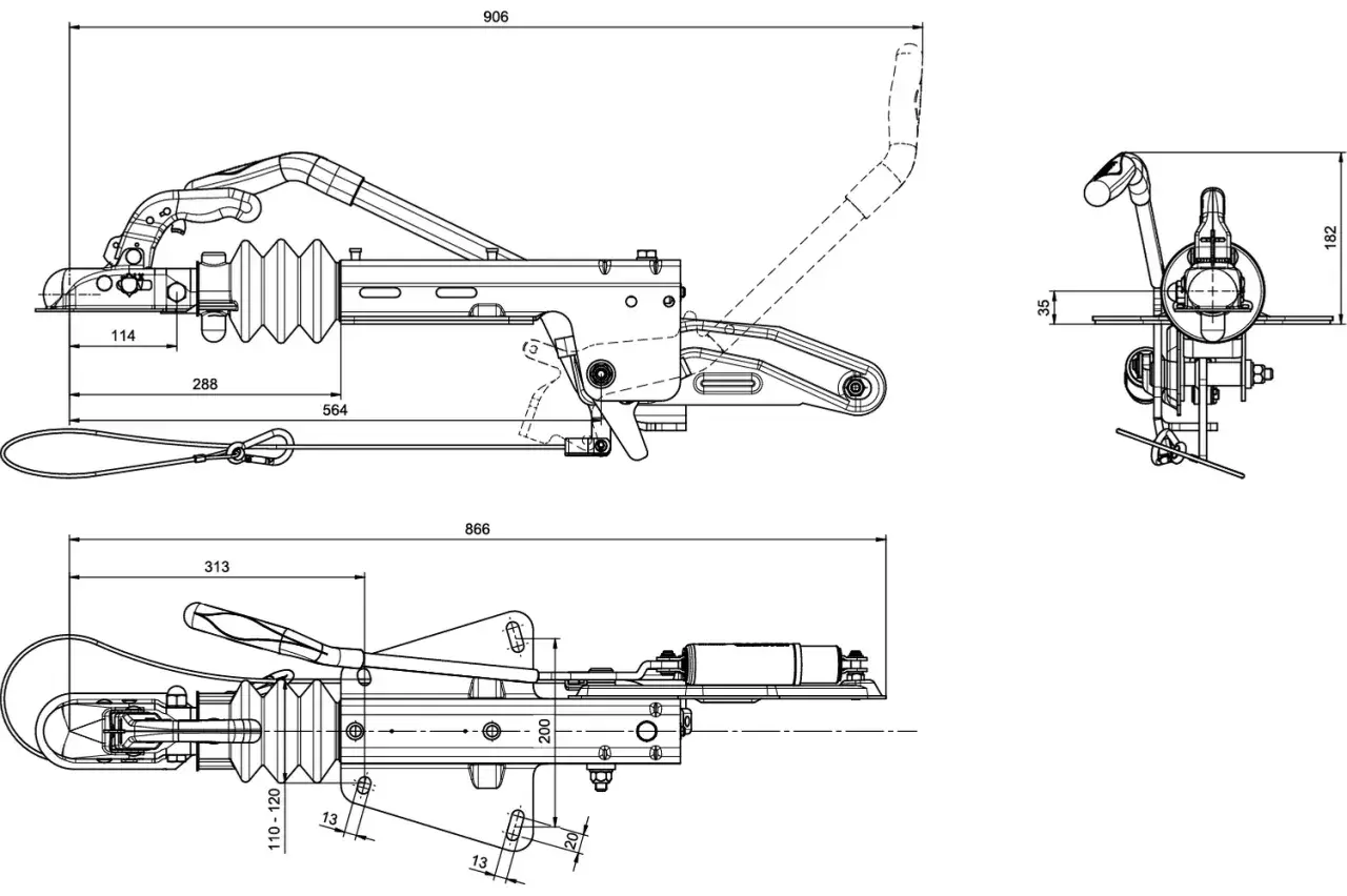 Disegno tecnico di un freno a inerzia per rimorchi, con quote e dettagli costruttivi.