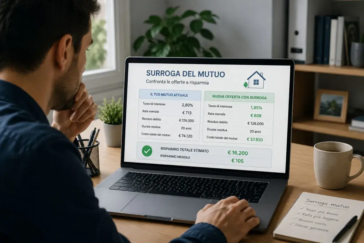 Uomo valuta su laptop la surroga mutuo dopo 6 mesi, confrontando offerte per risparmiare sulla rata mensile e sul costo totale.