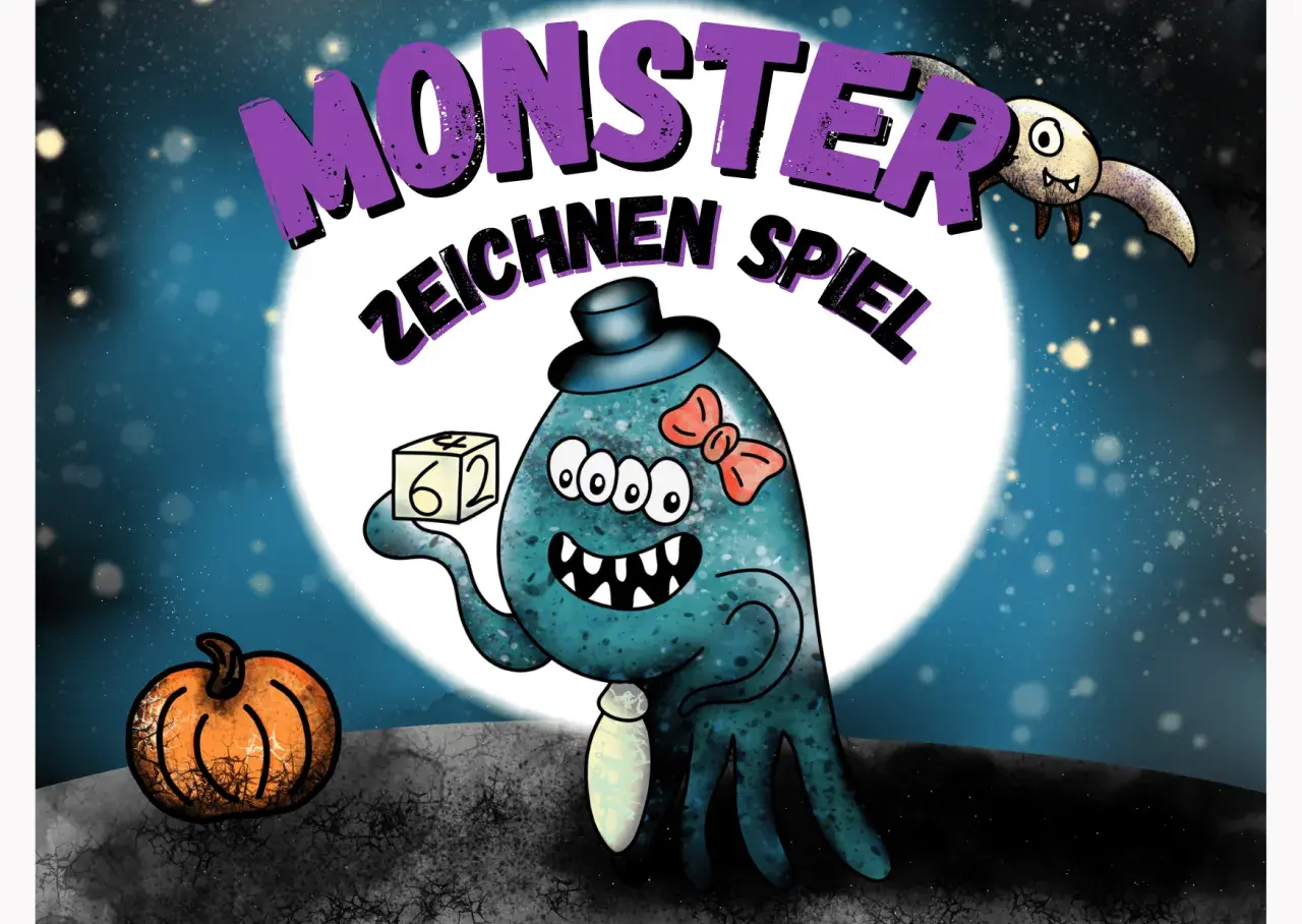 Ein lustiges Spiel, um Monster zu malen! Ein blauer, dreiaugiger Kerl mit Hut und Schleife hält einen Würfel.