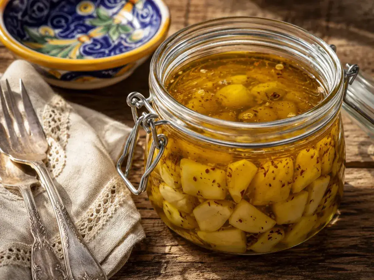Aglio sott'olio fatto in casa da Benedetta, conservato in un barattolo di vetro con chiusura ermetica, pronto per insaporire ogni piatto.