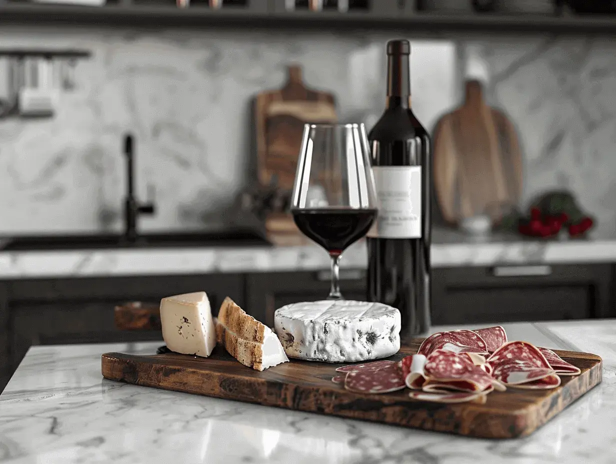 En flaska rött vin, ett glas vin och en ostbricka med brieost, salami och bröd. Perfekt för en mysig kväll.