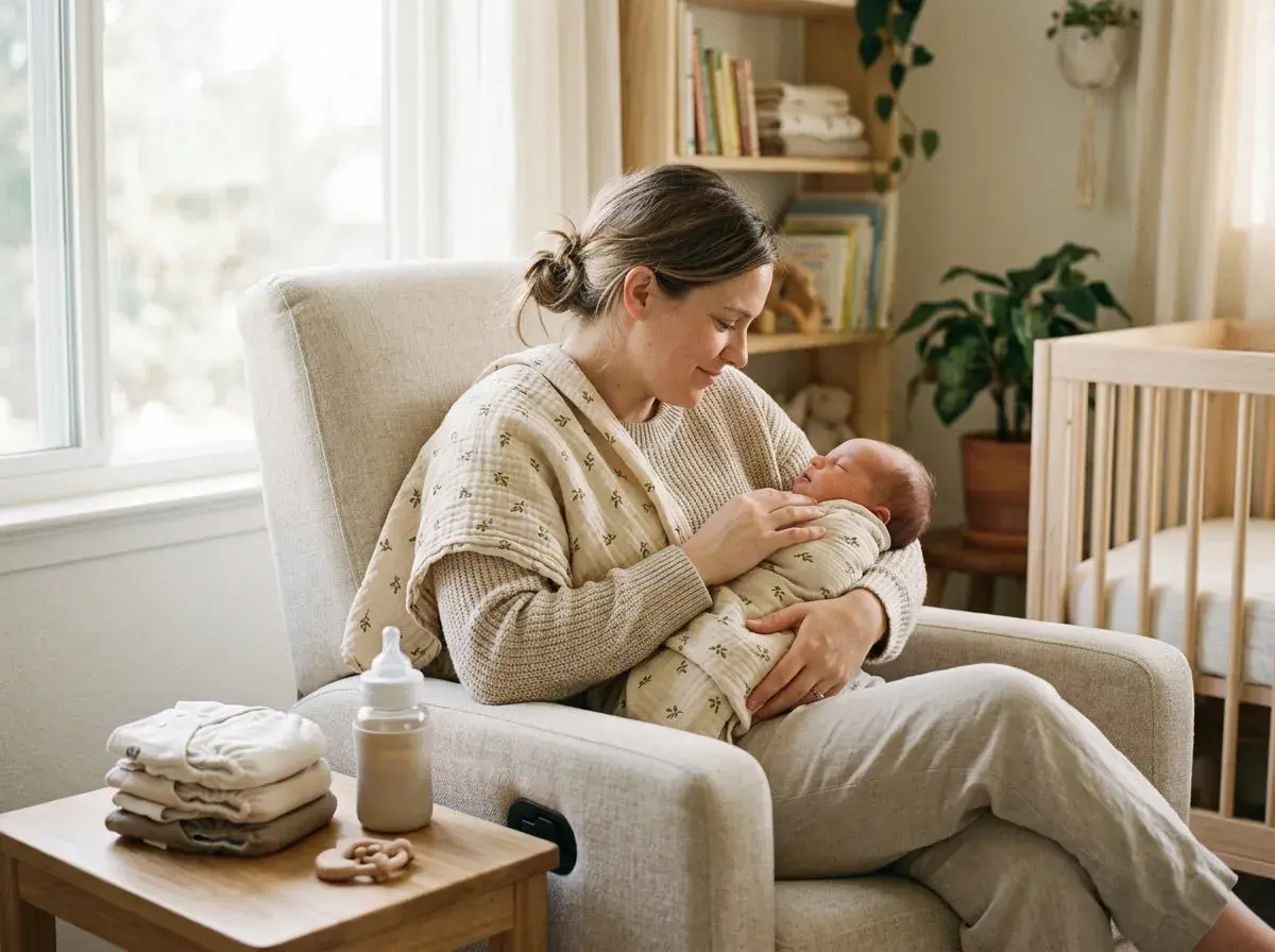 Mama tuli noworodka, otulonego w kocyk. Obok butelka i stosik ubranek. Idealny moment, kiedy robi się baby shower.